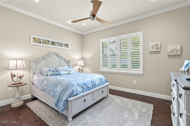 bedroom with dark hardwood / wood-style flooring, ornamental molding, and ceiling fan