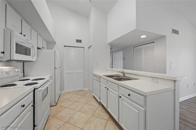 kitchen with white cabinetry, kitchen peninsula, high vaulted ceiling, and white appliances