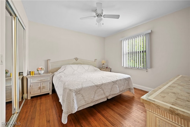 bedroom with ceiling fan, a closet, and dark hardwood / wood-style flooring