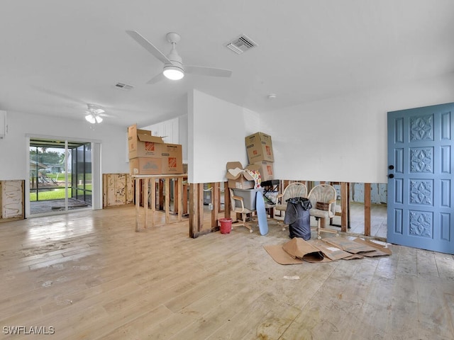 misc room featuring ceiling fan and light wood-type flooring