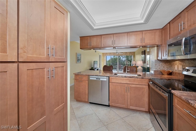 kitchen featuring light stone counters, appliances with stainless steel finishes, a tray ceiling, and ornamental molding