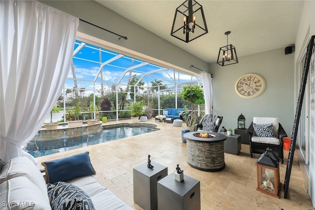 view of patio / terrace featuring glass enclosure, a pool with hot tub, pool water feature, and an outdoor living space with a fire pit