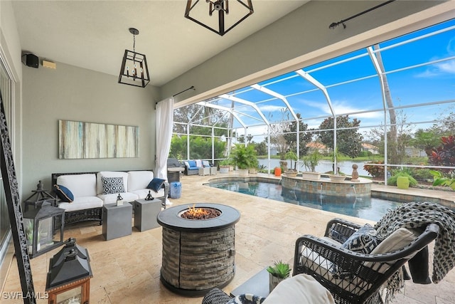 view of patio featuring a lanai, pool water feature, an outdoor living space with a fire pit, and a swimming pool with hot tub