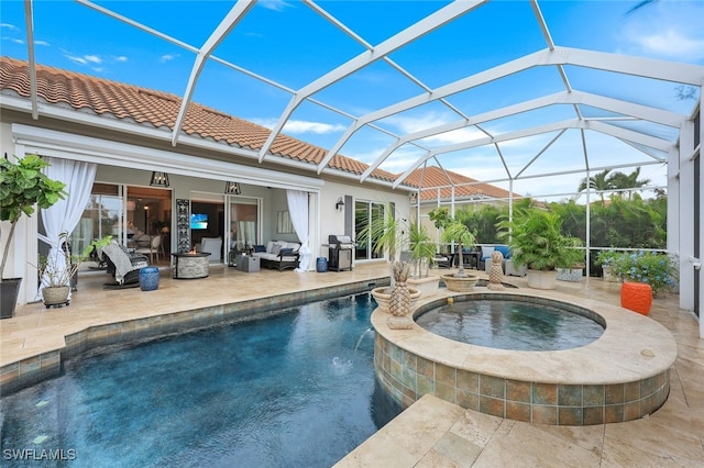 view of pool featuring a lanai, a patio area, a grill, an outdoor living space, and an in ground hot tub