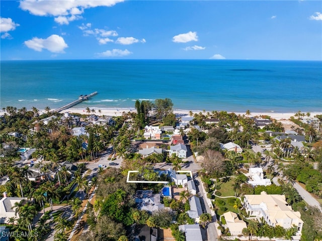 aerial view with a view of the beach and a water view