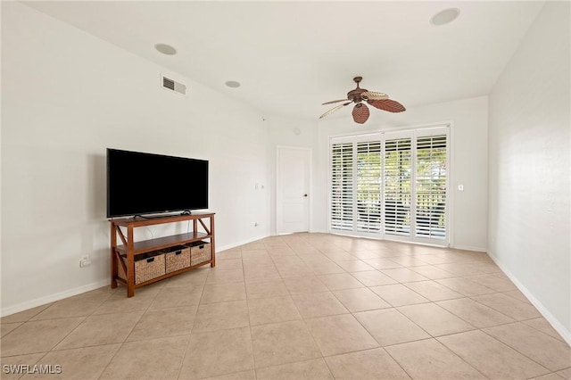 tiled living room with ceiling fan