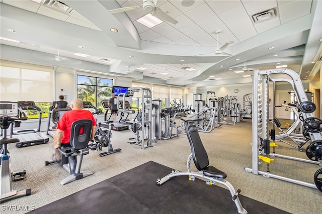 workout area with ceiling fan