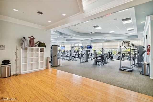 workout area featuring ceiling fan, light hardwood / wood-style flooring, and crown molding