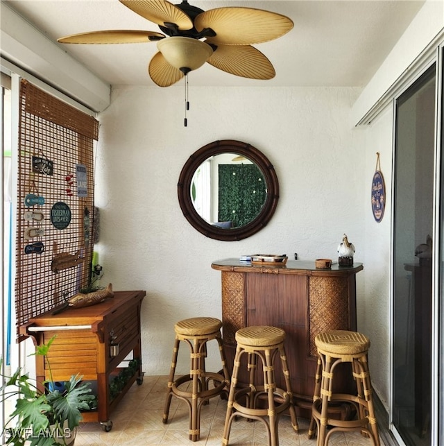 bar featuring ceiling fan and a healthy amount of sunlight