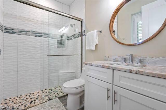 bathroom with a shower with door, toilet, and vanity