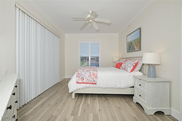 bedroom with ornamental molding, light hardwood / wood-style floors, and ceiling fan