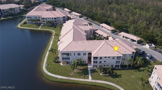 aerial view featuring a water view