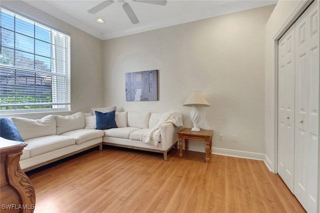 living room with ceiling fan, plenty of natural light, and light wood-type flooring