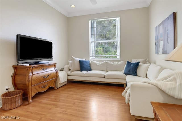 living room featuring ornamental molding and light wood-type flooring