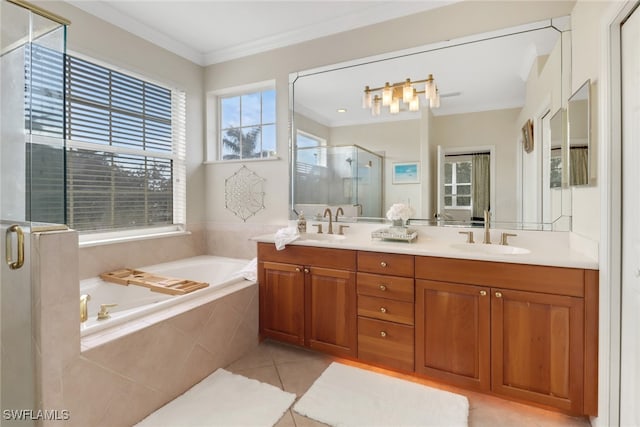 bathroom featuring vanity, a healthy amount of sunlight, and independent shower and bath