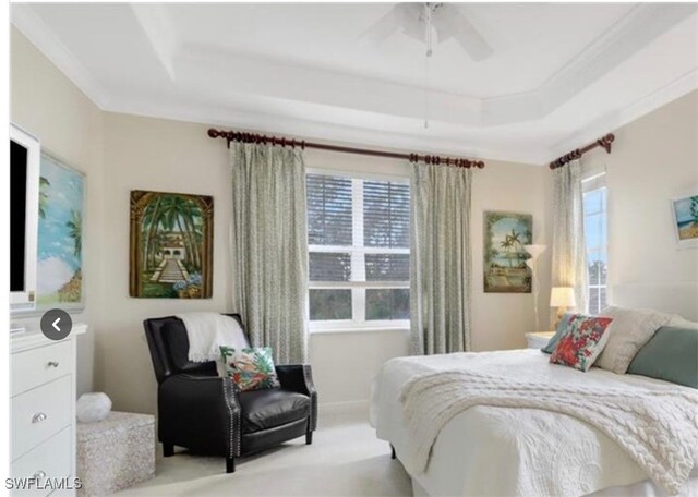 carpeted bedroom featuring crown molding, a tray ceiling, and ceiling fan