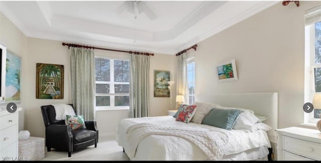 carpeted bedroom featuring ornamental molding, a tray ceiling, and ceiling fan