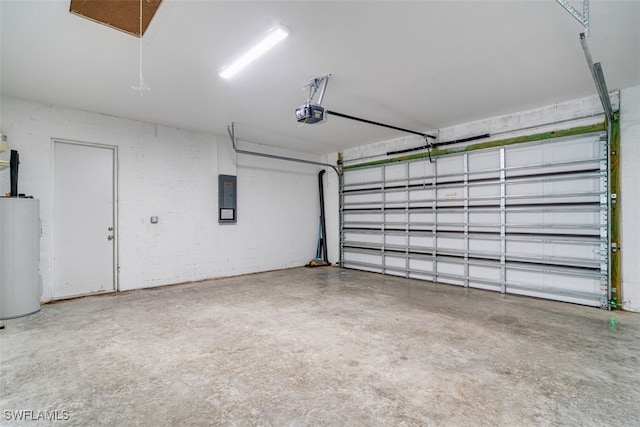 garage with a garage door opener, electric panel, and gas water heater