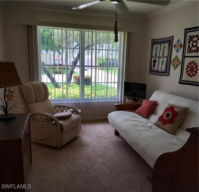 sitting room with crown molding, carpet floors, and ceiling fan