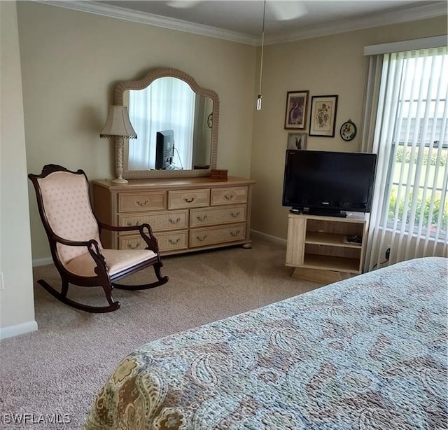 carpeted bedroom with ornamental molding