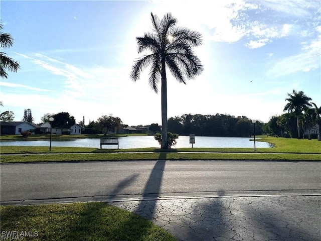 view of street with a water view