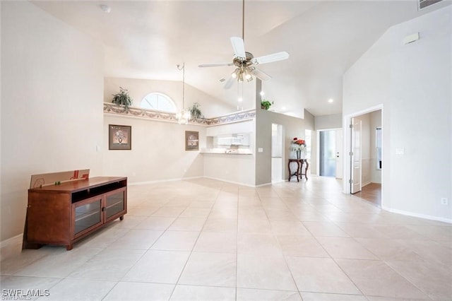 living room with ceiling fan, high vaulted ceiling, and light tile patterned flooring