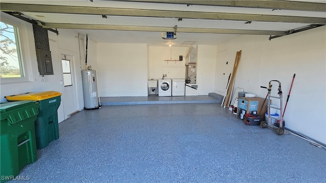 garage with electric panel, a garage door opener, washer and clothes dryer, and water heater