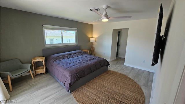 bedroom featuring ceiling fan and light hardwood / wood-style flooring