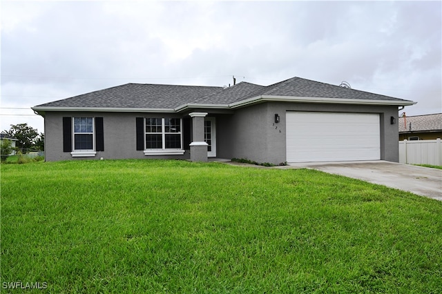 ranch-style house with a front yard and a garage