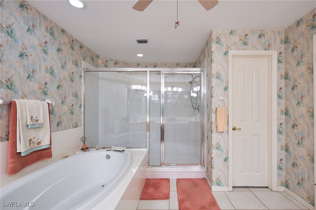 bathroom featuring ceiling fan, separate shower and tub, and tile patterned flooring