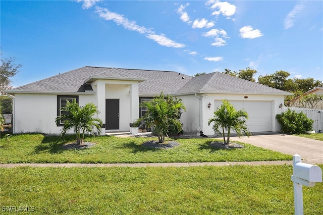 view of front of property featuring a front yard and a garage