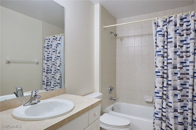 full bathroom featuring vanity, shower / bath combo, and toilet