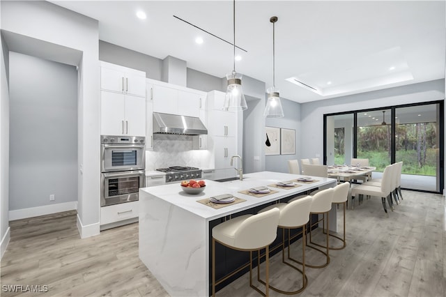 kitchen featuring ventilation hood, white cabinetry, stainless steel appliances, pendant lighting, and a center island with sink