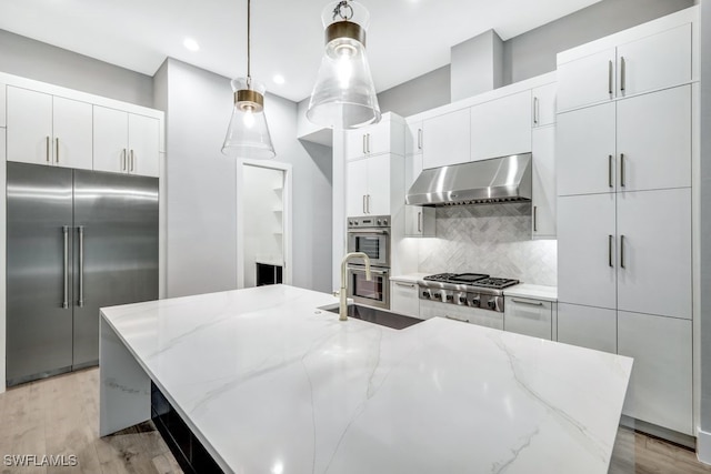 kitchen with appliances with stainless steel finishes, sink, pendant lighting, range hood, and a kitchen island with sink