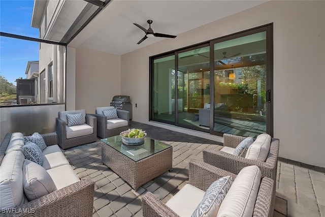 view of patio / terrace featuring ceiling fan and an outdoor hangout area