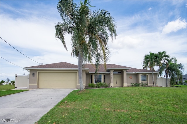 single story home with a front yard and a garage