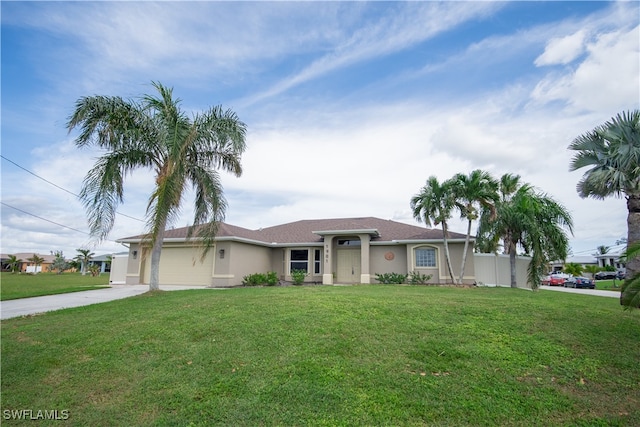 view of front of house with a garage and a front lawn