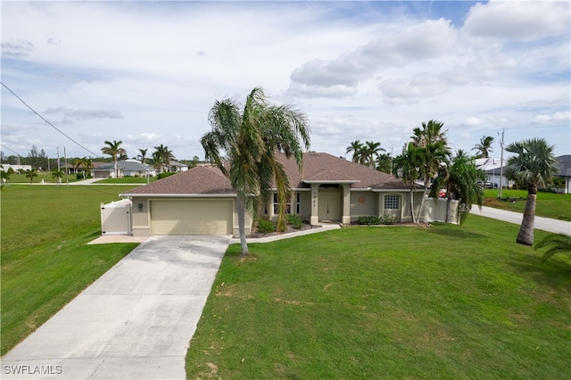 ranch-style house featuring a front yard and a garage