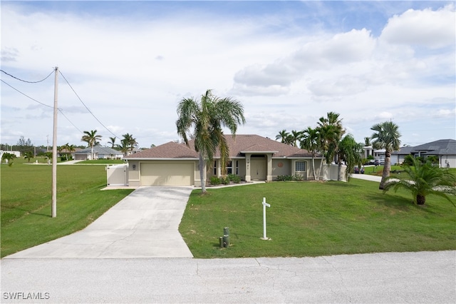 single story home featuring a front lawn and a garage