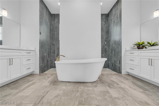 bathroom featuring tile walls, vanity, and plus walk in shower