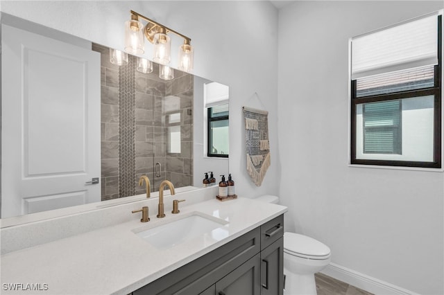 bathroom featuring vanity, a shower with shower door, and toilet