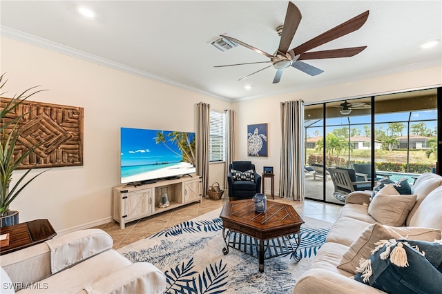 tiled living room with ornamental molding