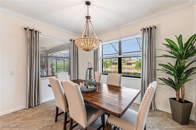 tiled dining room with crown molding