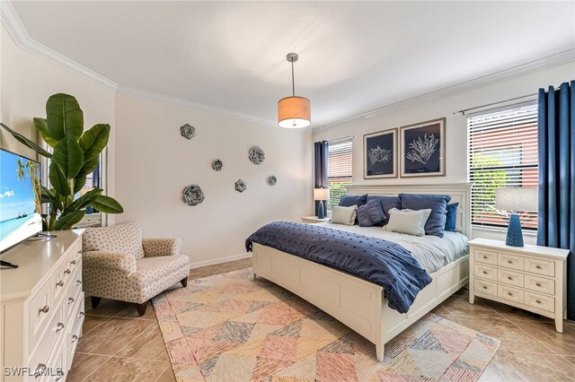 bedroom with multiple windows, light tile patterned floors, and ornamental molding