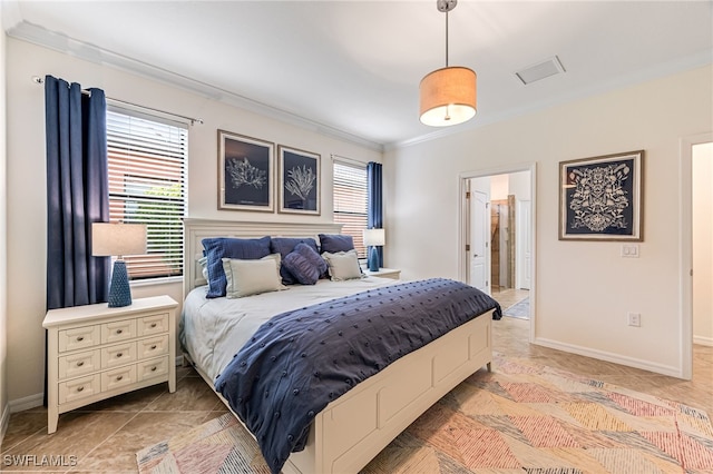 bedroom with multiple windows, baseboards, and ornamental molding