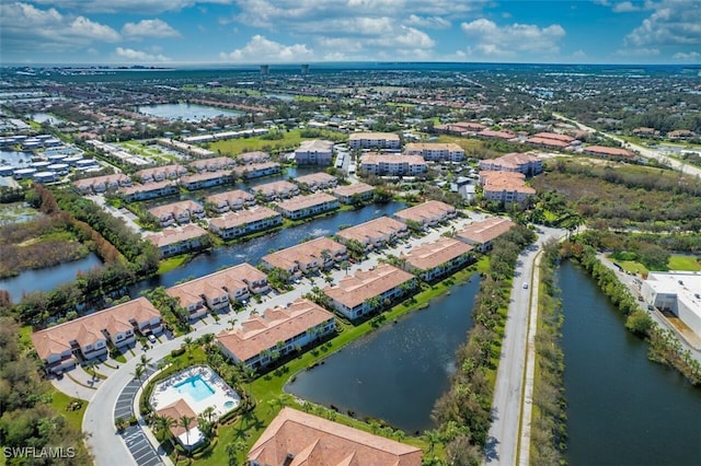 drone / aerial view featuring a water view