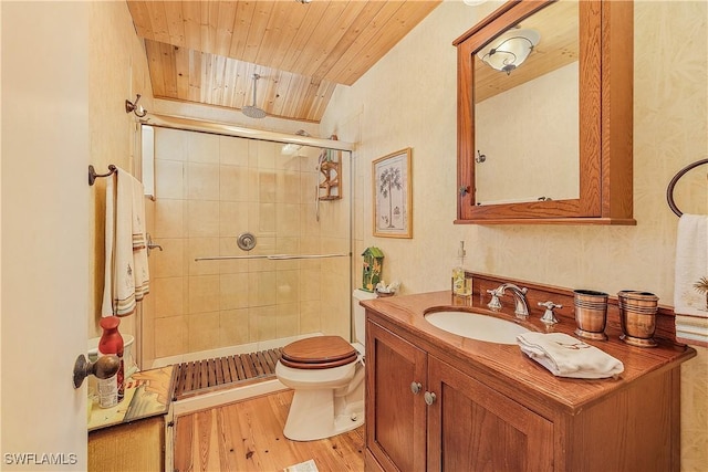 bathroom with toilet, wood ceiling, vanity, a shower with door, and hardwood / wood-style floors