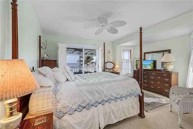 bedroom featuring carpet floors, access to exterior, and ceiling fan