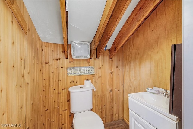 bathroom with vanity, wooden walls, and toilet