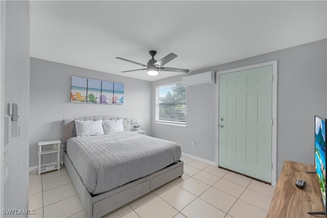 bedroom featuring ceiling fan, a wall mounted AC, and light tile patterned floors